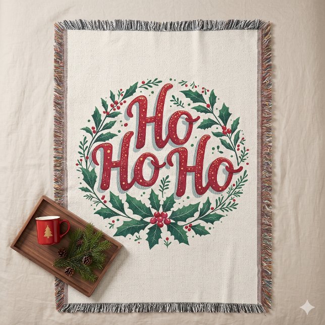 Couverture Conception de typographie de couronne de Noël Ho H (Ho Ho Ho Christmas Wreath Typography Design Throw Blanket)