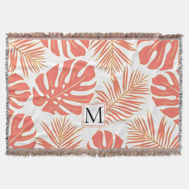 Couverture Corail et or tropical feuilles et monogramme (Devant)