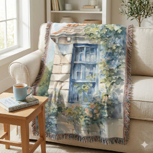 Couverture Cottage aux murs de pierre à fenêtre bleue avec vi
