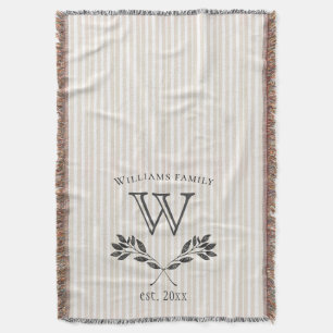 Couverture crème rustique rayures laurier branche monogramme