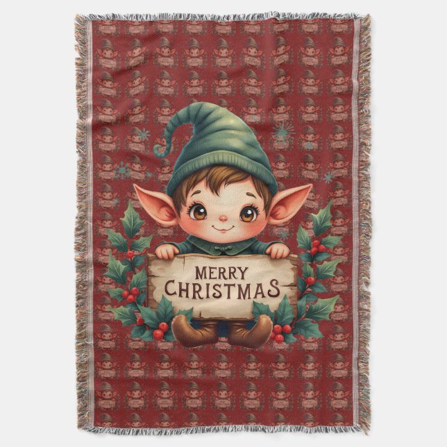 Couverture Cute Christmas Elf Holding Merry Sign Red (devant Vertical)