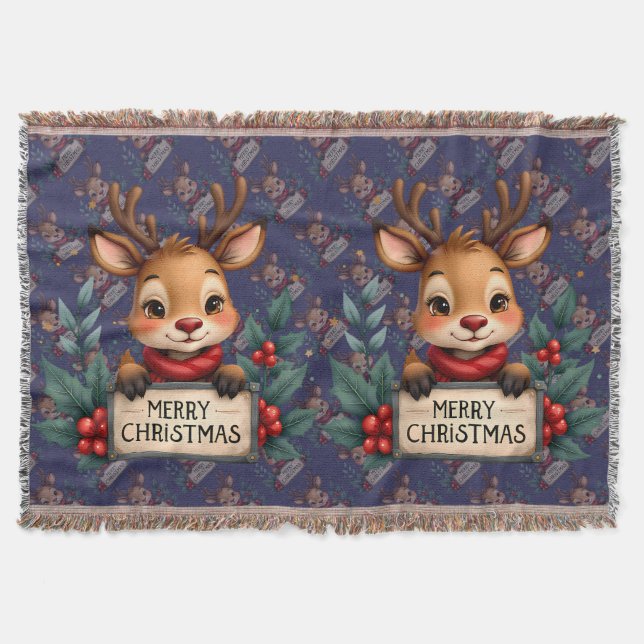 Couverture Cute Christmas Reindeer with Holly and Sign (Devant)