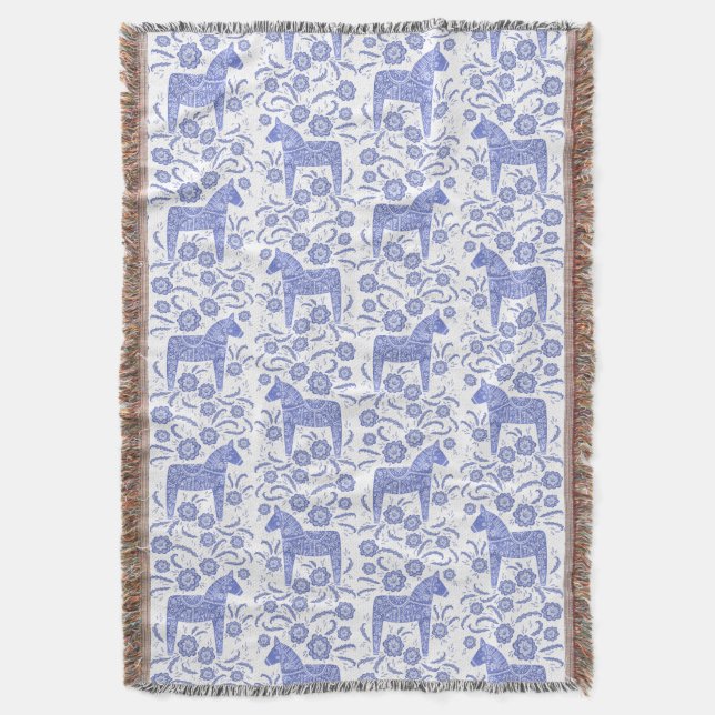 Couverture Dala suédois Horse bleu et blanc lancette Blanche (devant Vertical)