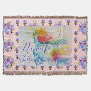 Couverture de licorne aquarelle rose avec prénom d