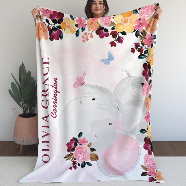 Couverture de nom personnalisée avec éléphant + Fl (Personalized Name Blanket with Elephant + Flowers (L))