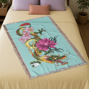 Couverture Dragon Chinois Vert Gras Tatouage Lotus Sarcelle