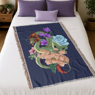 Couverture Dragon Chinois Vert Mystique Floral Bleu Marine