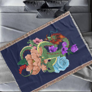 Couverture Dragon Chinois Vert Mystique Floral Bleu Marine