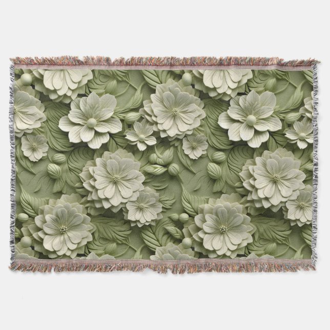Couverture Élégant Embossé 3D Floral Relief Olive Green (Devant)