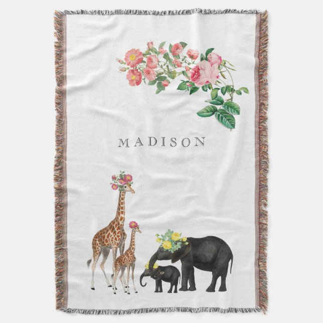 Couverture Eléphant mignon & Giraffe Floral Personnalisé Nom  (devant Vertical)