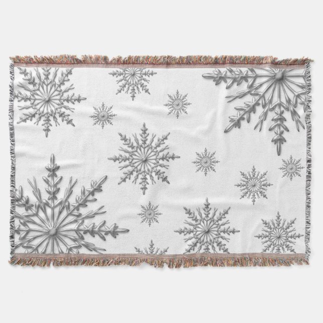 Couverture Flammes de neige d'hiver en argent sur blanc (Devant)