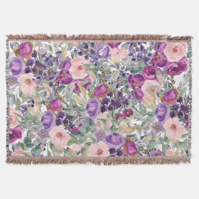 Couverture Fleurs Boho Vert Sauge Rose Violet  (Devant)