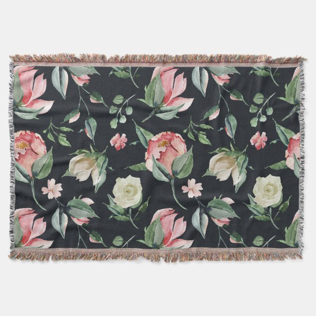 Couverture fleurs de minuit élégant floral bleu marine (Devant)