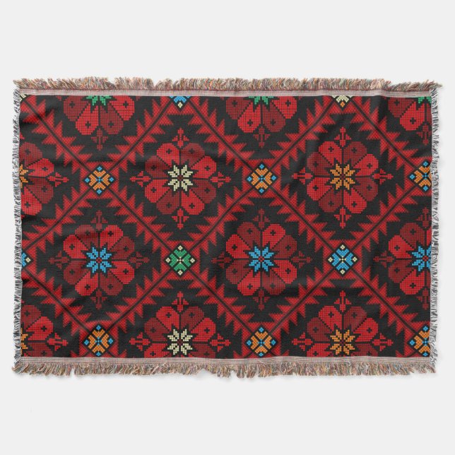 Couverture Fleurs rouges Palestine Broderie tatreez Motif (Devant)