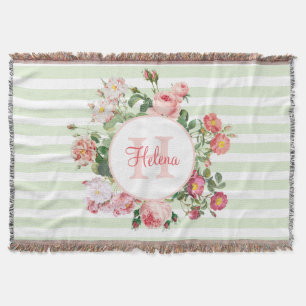 Couverture Fleurs vintages Pastel Green Stripes Monogramme