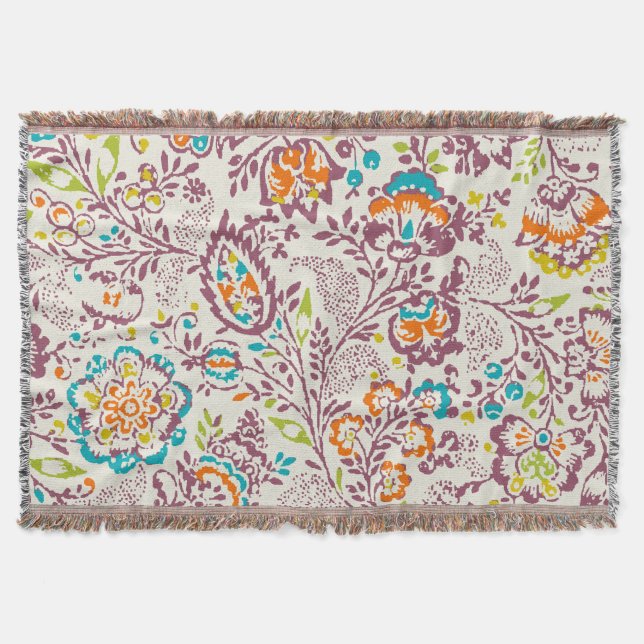 Couverture Floral Orange Turquoise Lime et violet Motif (Devant)