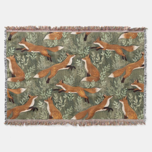 Couverture Foxes joyeux en rouge Brown sur vert olive (Devant)