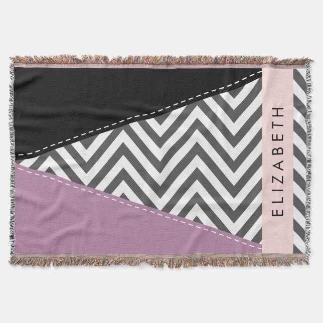 Couverture Grey Zigzag, Grey Chevron, Purple, Votre Nom (Devant)