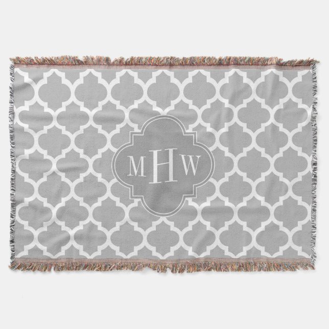 Couverture Gris Blanc Marocain #5 Gris 3 Initial Monogramme (Devant)