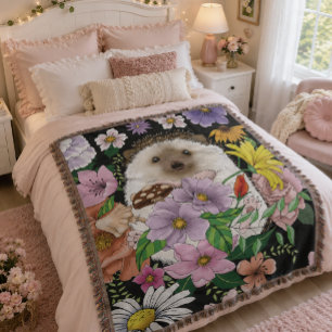 Couverture Hérisson Mignon Fleurs Sauvages Colorées Forêt