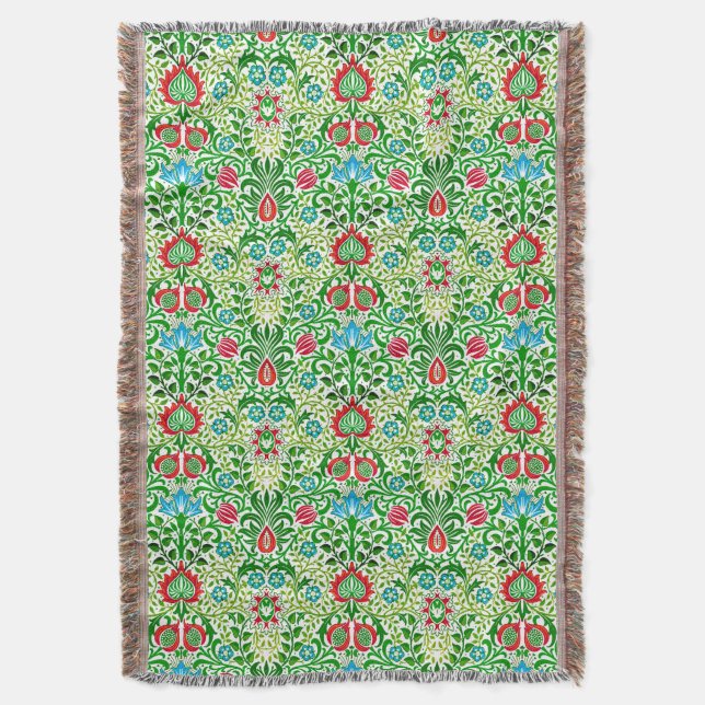 Couverture Jacobean Floral Damask, vert et corail rouge (devant Vertical)