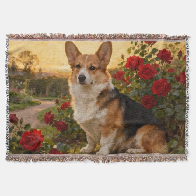 Couverture jetée Corgi dans les roses II (Devant)