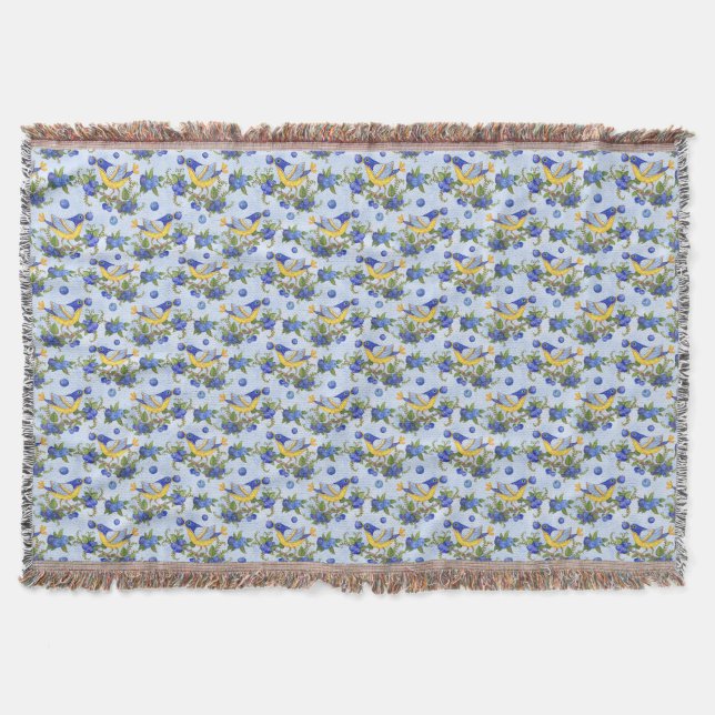 Couverture Jeter Oiseau Whimsical & Blueberries Bleu Jaune (Devant)