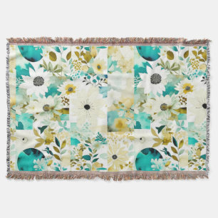 Couverture Joli Art folklorique Fleurs blanches et turquoise