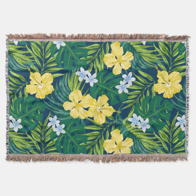 Couverture Luna Hibiscus Garden Hawaiian - Jaune et Marine (Devant)