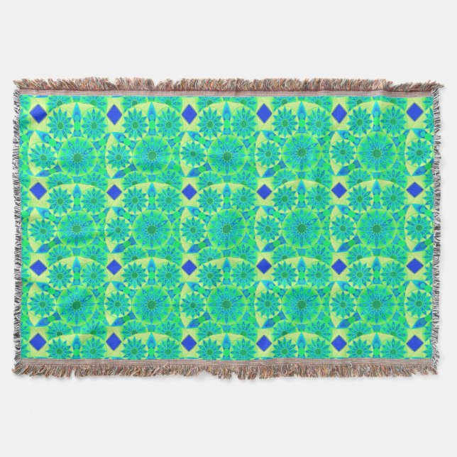 Couverture Mandala motif, turquoise, bleu, vert citron (Devant)