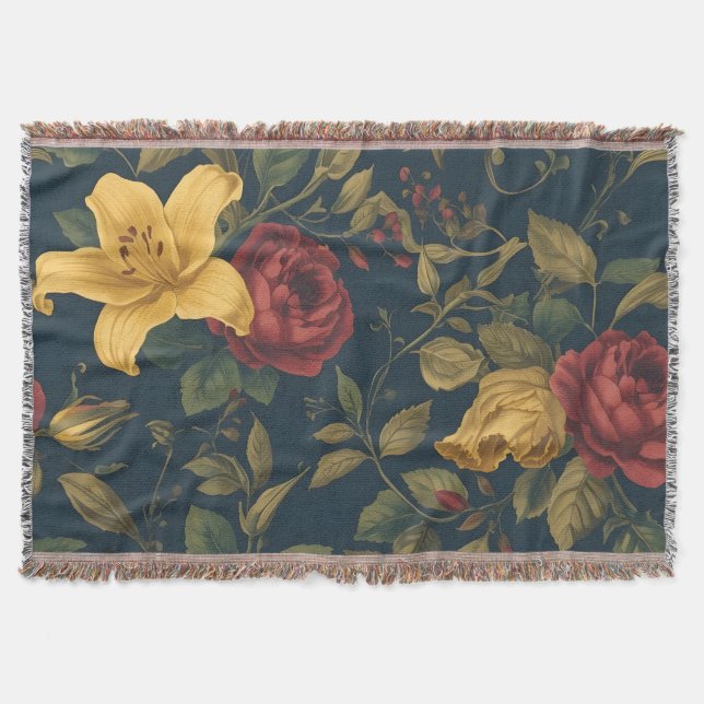 Couverture Midnight Victorian Floral – Yellow Lilies & Roses  (Devant)