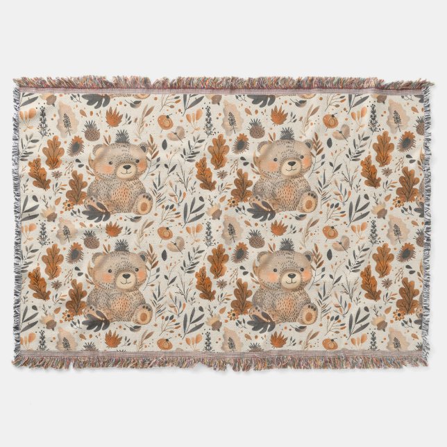 Couverture Mignonne Ours d'automne et Motif de feuillage de b (Devant)