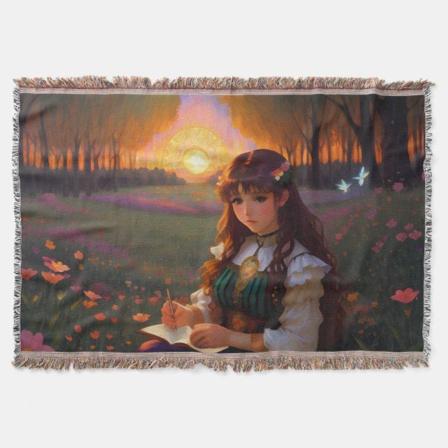 Couverture Mignonne Sad Anime Style Femme dans le pré au couc (Devant)