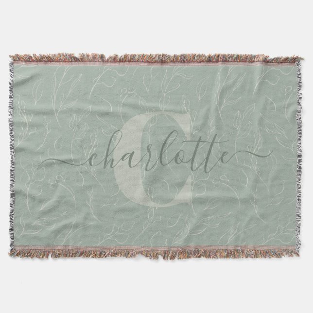 Couverture Modèle Floral Rustique Vert Sage Nom personnalisé (Devant)