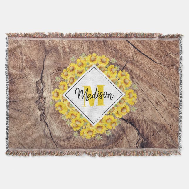 Couverture Monogram de Rustic Sunflowers & Wood Texture (Devant)