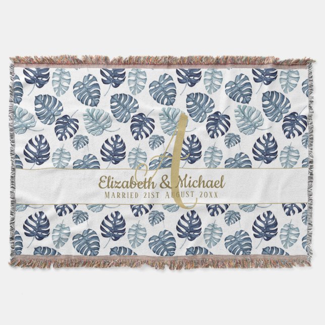 Couverture Monogramme Azure Blue Tropical Feuilles Gold Nouve (Devant)