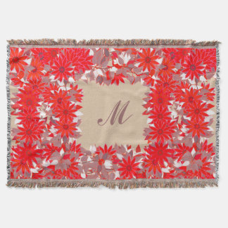 Couverture Monogramme encadré de fleurs - rouge et taupe