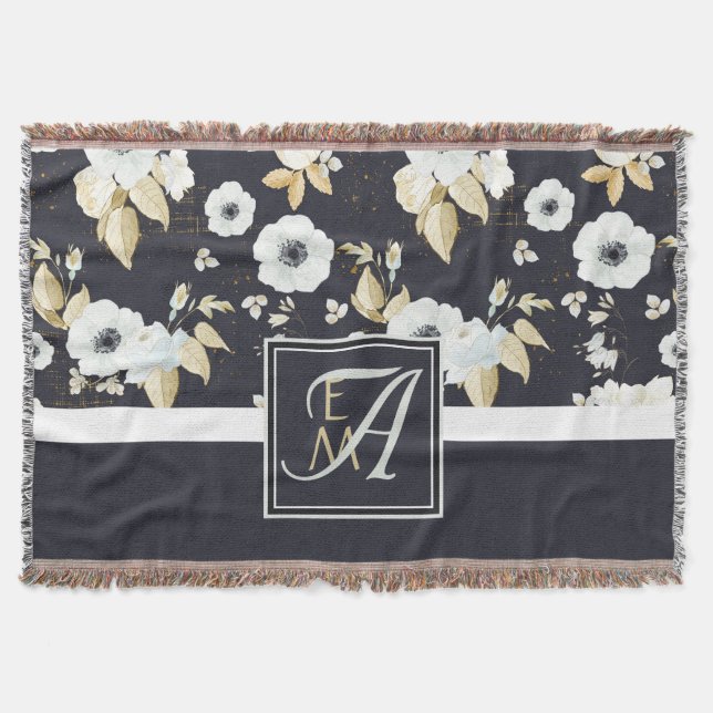 Couverture Monogramme Marine Bleu Blanc Floral Décor Anémone (Devant)
