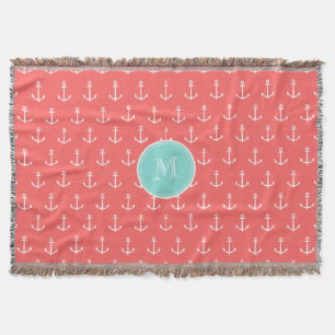 Couverture Motif d'Ancres blanches de corail, Monogramme vert