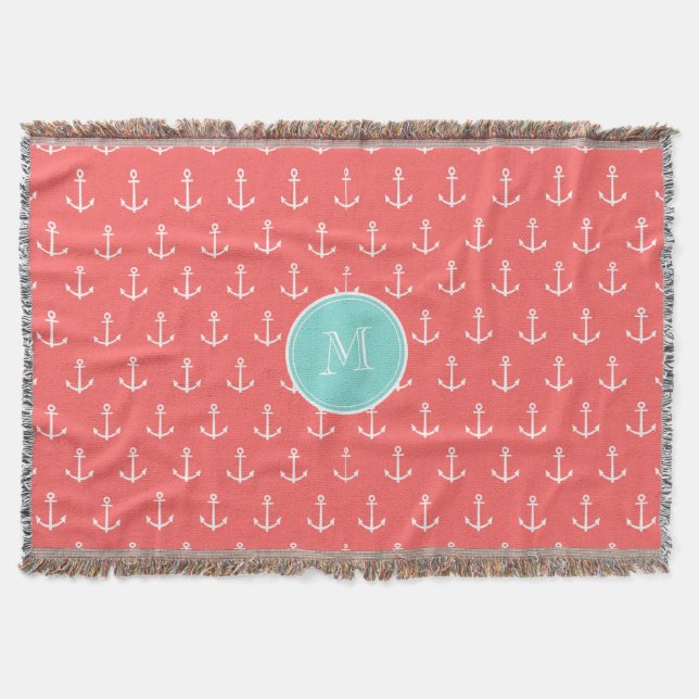Couverture Motif d'Ancres blanches de corail, Monogramme vert (Devant)