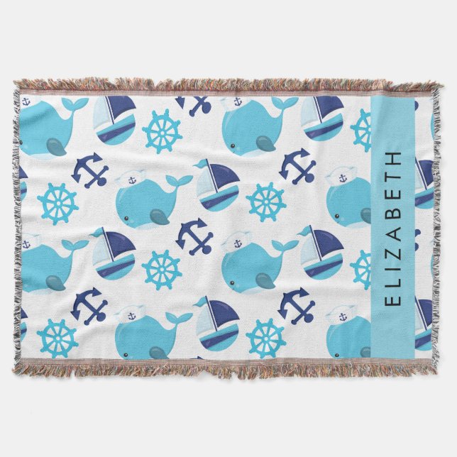 Couverture Motif De Baleines, Baleines Bleues, Votre Nom (Devant)
