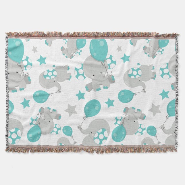 Couverture Motif Des Eléphants, Eléphants Mignons - Gris Bleu (Devant)