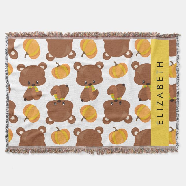 Couverture Motif D'Ours, Mignons Ours, Citrouille, Votre Nom (Devant)
