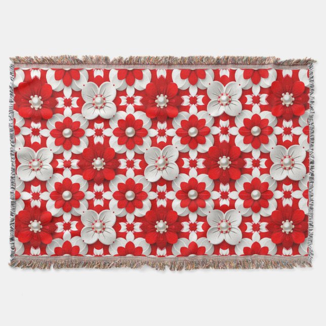 Couverture Motif floral rouge et blanc vibrant avec perle (Devant)