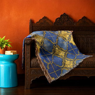 Couverture Motif Marocain Quatrefeuilles Bleu Cobalt Or