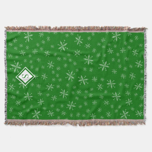 Couverture Motif moderne Snowflake sur Green Monogramme (Devant)