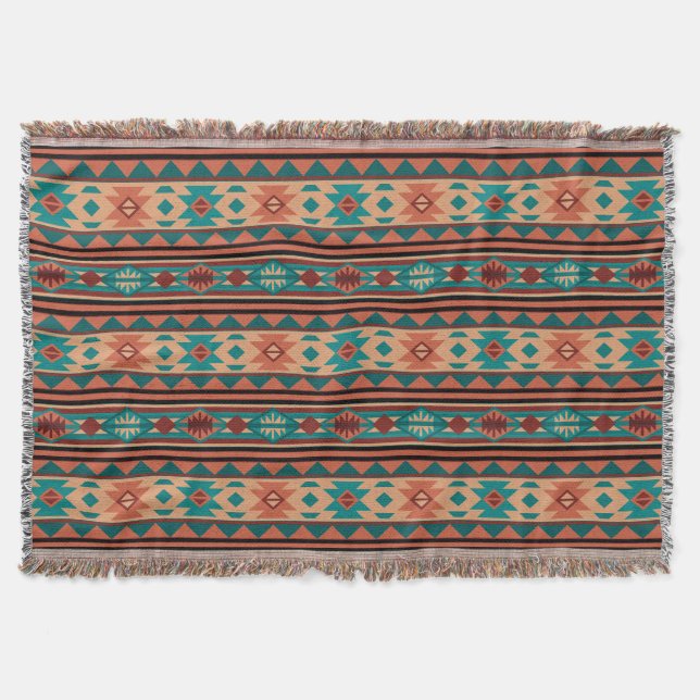 Couverture Motif Tribal Sud-Ouest Turquoise Terracotta (Devant)