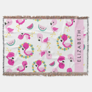 Couverture Motif tropical, Flamants roses, Fleurs, Votre Nom
