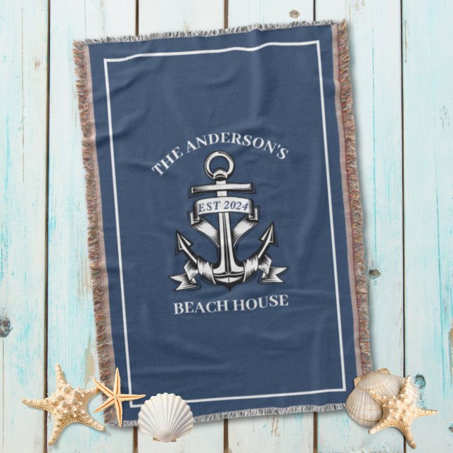 Couverture Nautical Beach House Nom de famille Est Ship Ancre (Nautical Beach House Family Name Est Ship Anchor Throw Blanket)