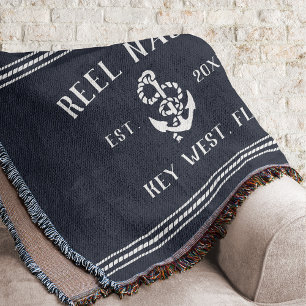 Couverture Nautical Dark Navy Bleu Rustique Ancre Nom du bate
